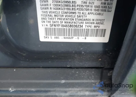 2005 Honda Pilot Ex z USA, uszkodzony, nr VIN 5FNYF18465B036234